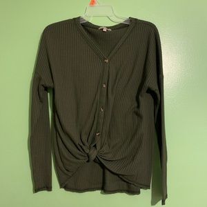 Green long sleeve button up sweater.